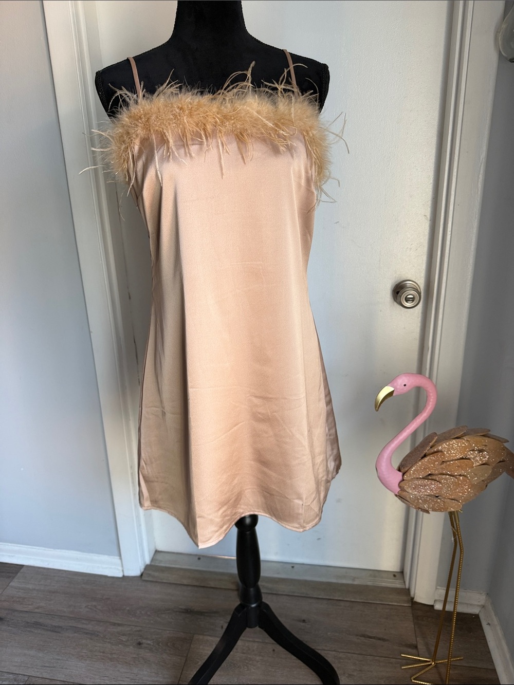 Feather-Trim Slip Midi Dress in Blush